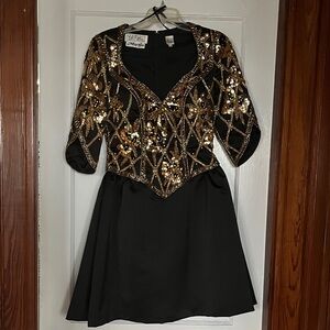 Oleg Cassini Black Dress with Gold Sequin Detail